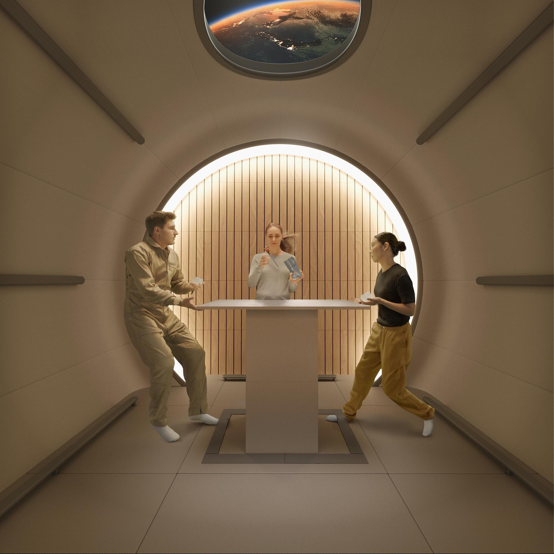 Crew sharing a meal with an Earth view